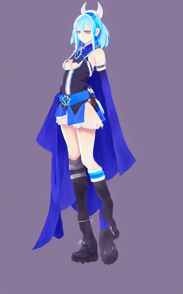 Prompt: a blue-haired traveller, alchemist girl, short hair, wearing a headband, short pale tunic and white stockings, high boots, azure cape, anime character; in the Japanese fantasy videogame; character concept art; trending on artstation, highly detailed, clean lineart