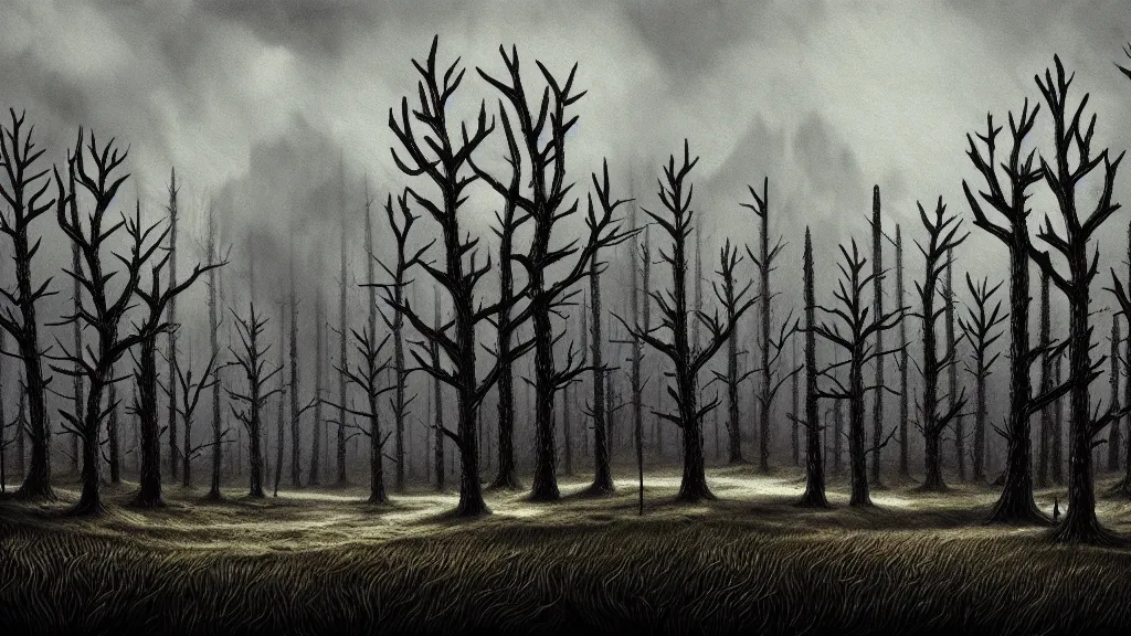 Image similar to folk horror illustration of the place with the dead pines, 8k resolution artwork, horror art, eerie, creepy, trending on artstation, painting, elaborate excellent painted illustration, smooth, sharp focus