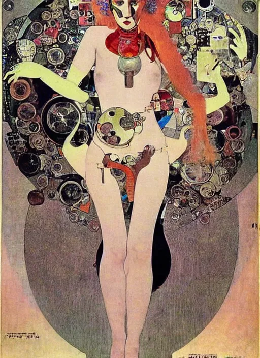 Image similar to cute punk goth fashion fractal alien martian girl wearing kimono made of circuits and leds, surreal Dada collage by Man Ray Kurt Schwitters Hannah Höch Alphonse Mucha