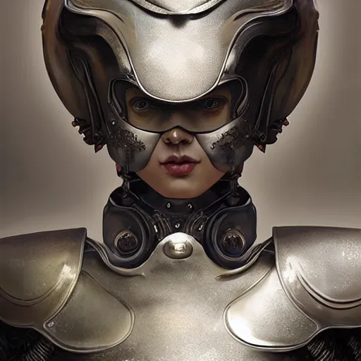 Image similar to tom bagshaw, curiosities carnival, photorealistic medium shot soft paint of a single beautiful cosplay full long futuristic metallic armor very tight metal helmet ornate, face, gynoid cyborg wires tentacles body, accurate features, focus, very intricate ultrafine details, award winning masterpiece