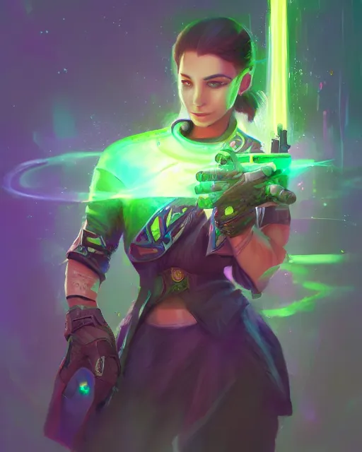 Prompt: A sorcerer wielding two Glock pistols, surrealism, smooth, intricate, elegant, galactic energy, power aura, neon glowing spells, digital painting, artstation, concept art, high tech fantasy, sharp focus, illustration, art by Jason Chan and Riot Studios and Blizzard Studios