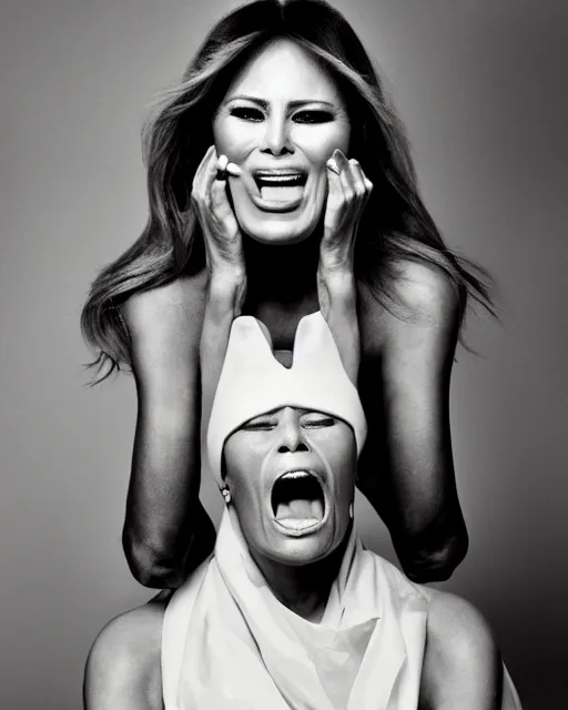 Prompt: Melania Trump putting garbage in her wide open mouth. Studio portrait by Annie Leibovitz.