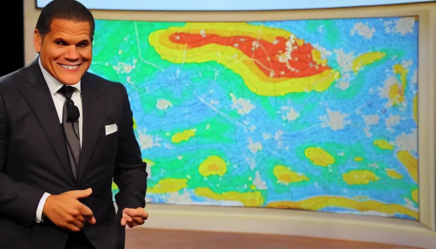 Image similar to reggie fils - amie in front of a weather map