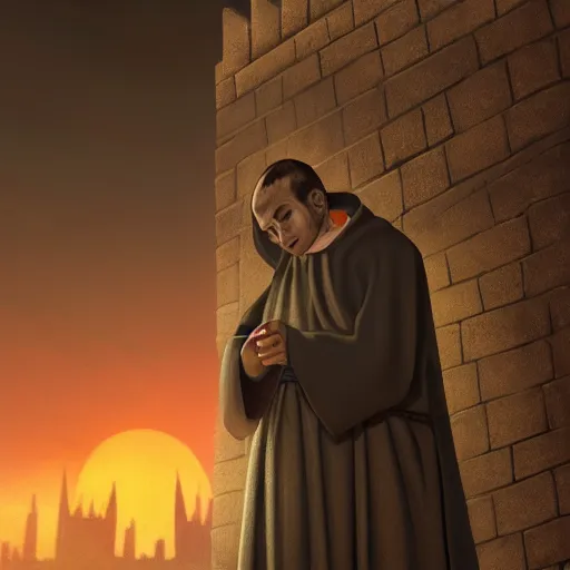 Image similar to Close up of a terrified young catholic priest at the top of a medieval tower watching as an ominous yellow shadow descends upon him from the night sky. He is seen from above fervently praying. Dramatic lighting. Award-winning digital art, trending on ArtStation