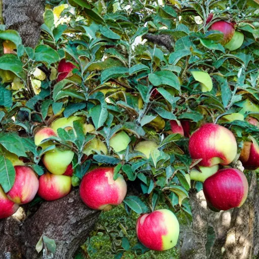 Image similar to a group of apples eating people that grow on trees