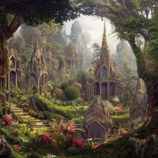 Image similar to a beautiful and highly detailed matte painting of an elven temple magical fantasy garden in a lush forest, intricate details, epic scale, insanely complex, 8 k, sharp focus, hyperrealism, by caspar friedrich and brian froud,