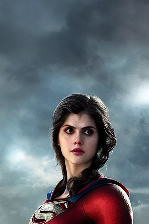 Image similar to a fancy close up of Man of Steel cast as Alexandra Daddario by Greg Rutkowski, Sung Choi, Mitchell Mohrhauser, Maciej Kuciara, Johnson Ting, Maxim Verehin, Peter Konig, 8k photorealistic, cinematic lighting, HD, high details, dramatic, trending on artstation, full body shot