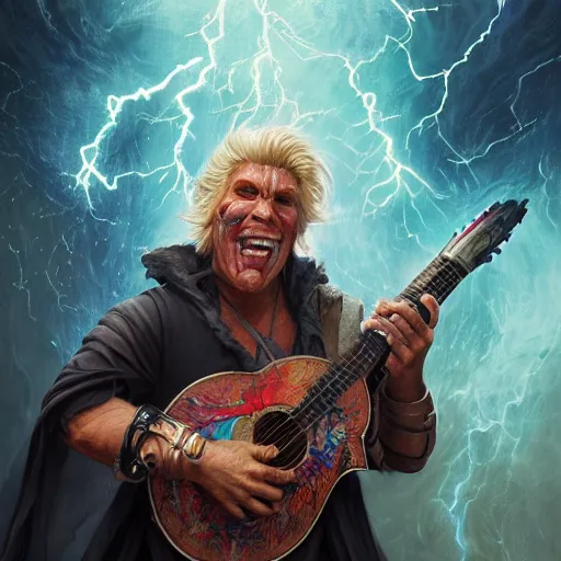 Image similar to detailed photo of a Half-orc bard portrayed by Gary Busey playing a lute, 8k,by Tristan Eaton, Stanley Artgermm, Tom Bagshaw, Greg Rutkowski, Carne Griffiths, trending on DeviantArt, face enhance, hyper detailed ,full of color, dramatic lightning, epic stance