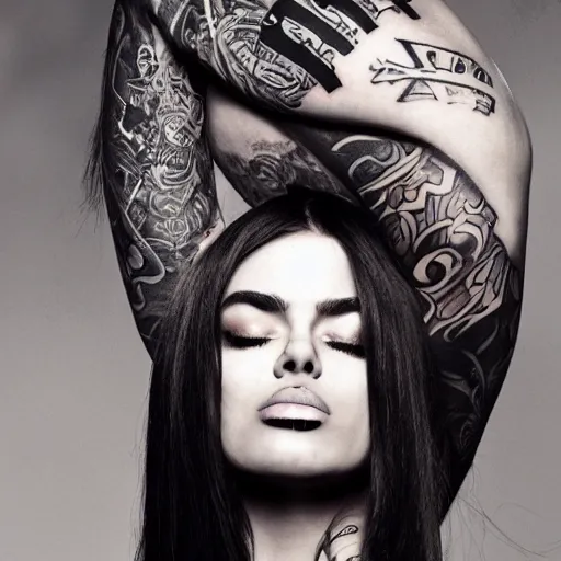 Prompt: big girl, long hair, tattooed face, photo