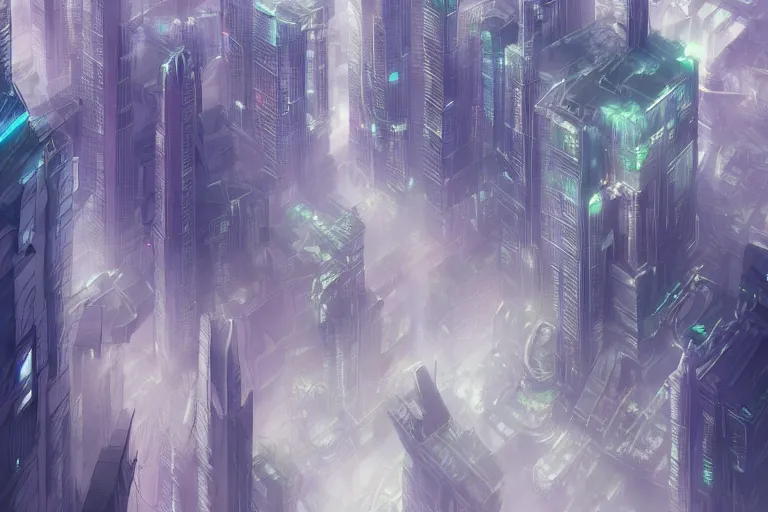 Image similar to futuristic city, lush vegetation, humid, early evening, diagonal view, geometric buildings, cloudy, beautiful, dull pastel colors, realistic, foggy, dreamy, nostalgic, bright, trending on artstation by yoshitaka amano and makoto shinkai, studio ghibli style