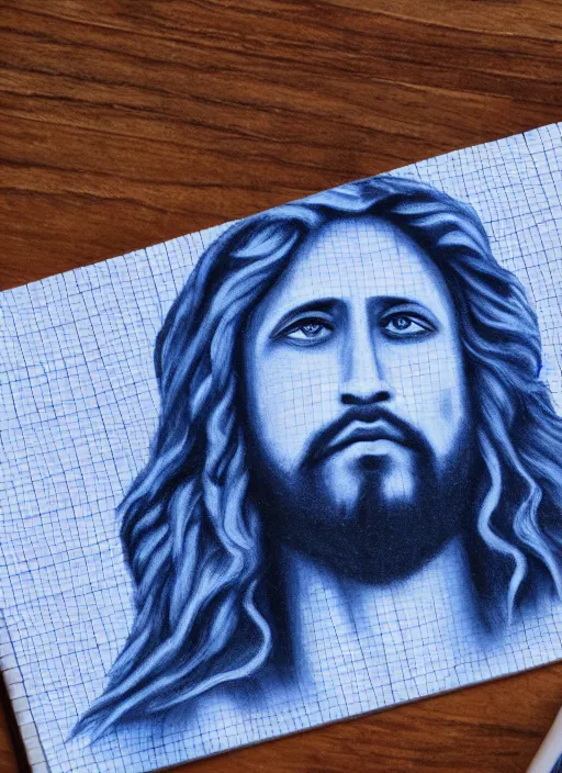 Image similar to painting of jesus drawn with blue pen on checkered notebook sheets,