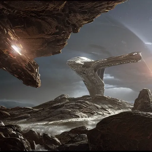 Image similar to scene from prometheus movie, artlilery spaceship lands in an alien landscape, filigree ornaments, volumetric lights, mcquarrie