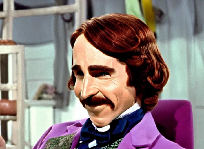 Prompt: film still of Christian Bale as Willy Wonka in Willy Wonka and the Chocolate Factory 1971