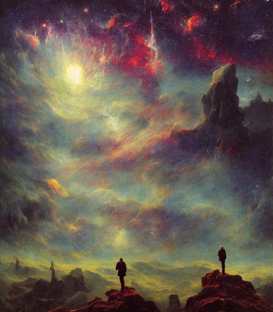 Prompt: an impasto oil painting of a futuristic wanderer gazing into a misty universe full of mystical colorful light nebulae and galaxie spainted by caspar david friedrich, light colors, impressionism