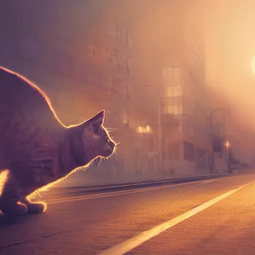 Image similar to a giant cat attacking a city, photorealistic, photograph, 4 k, foggy, abandoned, volumetric light, moonlight