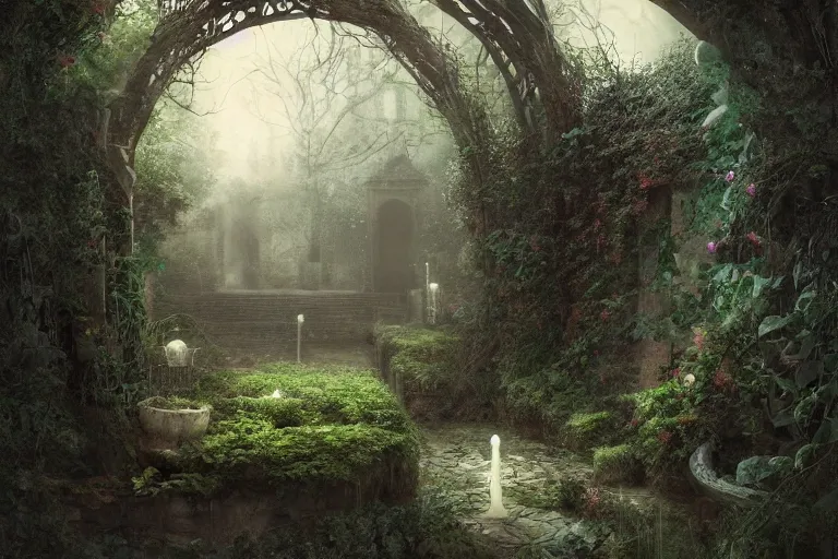 Image similar to secret garden, dark, spooky, dreamlike, in the style of pan's labyrinth movie, low light, hyperrealistic, coherent composition, artstation, matte painting, concept art, edward hughes