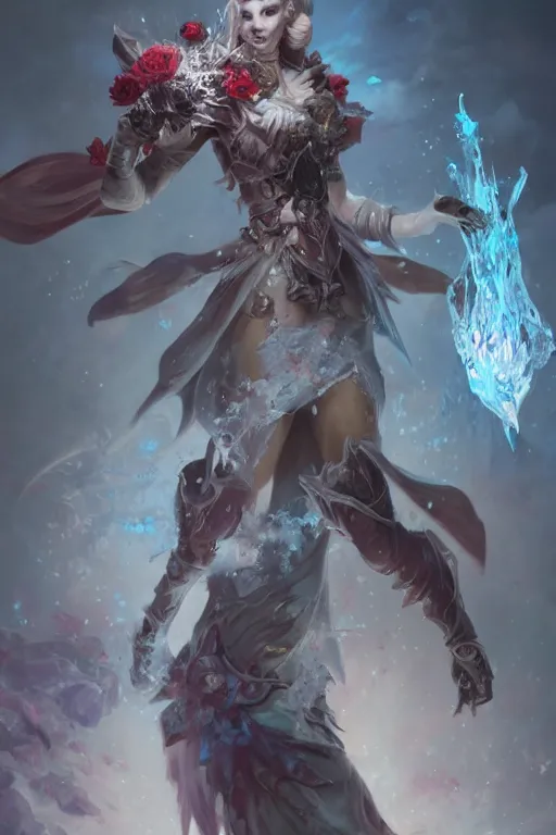 Image similar to beautiful girl necromancer covered with ice exploding into blood, practical armor, heroes of the storm, 3 d render, hyper realistic detailed portrait, holding magic flowers, ruan jia, wlop. scifi, fantasy, hyper detailed, octane render, concept art, peter mohrbacher