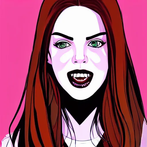 Prompt: Jamie McKelvie comic art, loish, pretty female Samara Weaving vampire, very sharp vampire fangs teeth, blood on face face, sarcastic smile, symmetrical eyes, symmetrical face, brown leather jacket, jeans, long black hair, middle shot, bright colors, highly saturated