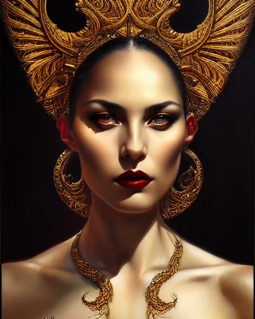 Prompt: portrait of a beautiful goddess, enigmatic beauty, dominant shades of black, gold silver, dark red, white, head in focus, fantasy art, ornamental aesthetics, intricate, elegant, highly detailed, hyperrealistic, artstation, concept art, soft illumination, painterly, sharp focus, by karol bak