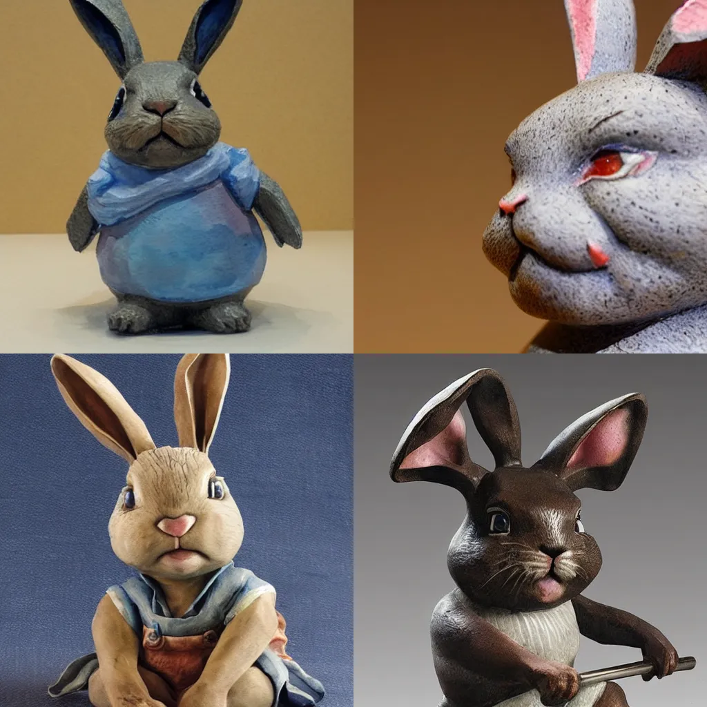 Prompt: a watercolor sculpture of a grumpy rabbit kid by Steven Spielberg
