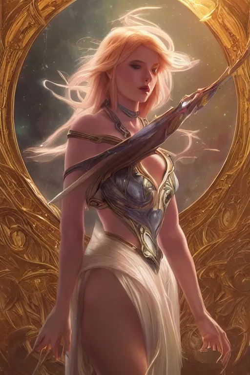 Image similar to portrait of lux from league of legends, wielding light magic, photorealistic fantasy castle city, full body, powerful, fantasy, intricate, elegant, highly detailed, digital painting, artstation, concept art, sharp focus, illustration, art by artgerm and greg rutkowski and alphonse mucha