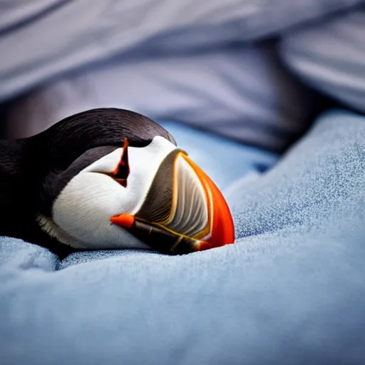 Image similar to puffin sleeping in an oversized bed