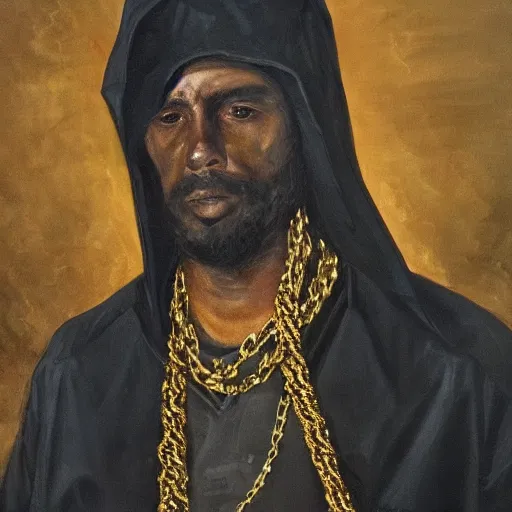 Image similar to a man wearing long dark shadowy cloak, covered in golden chains, oil painting, high detail