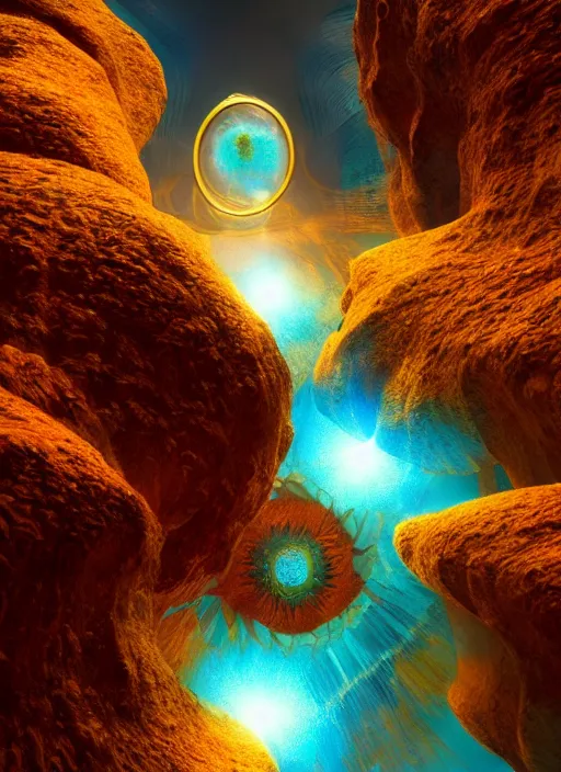 Image similar to flowers within the whole infinite capsule apparent with awe the apparition, an idea seep's into infinity highly detailed in volumetric latent space, golden turquoise steampunk, high contrast cinematic light, mystical shadows, sharp focus, divine realm of gods, octane render, artist by boris vallejo,