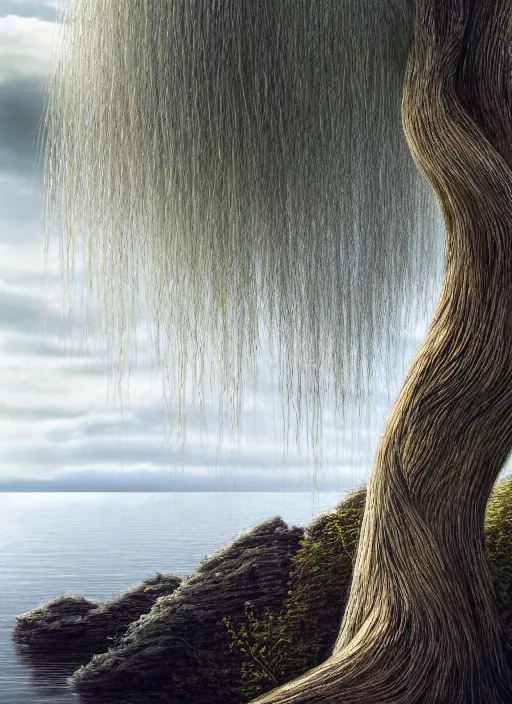 Image similar to nature photograph of a weeping willow with black bark and silver leaves sitting on a cliff in the distance in the style of stefan kostic, realistic, half body shot, sharp focus, 8 k high definition, insanely detailed, intricate, elegant, art by stanley lau and artgerm, luis royo, cloudy background