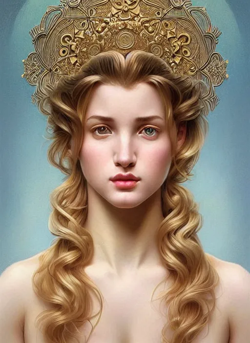 Prompt: beautifully symmetrical face, portrait of young woman blessed with ever - increasing physical and mental perfection, realism, blonde hair, plush lips, perfect face!! intricate, elegant, highly detailed, vision of holy perfection!! digital painting, artstation, concept art, smooth, sharp focus, illustration, humanity, art by artgerm and greg rutkowski and alphonse mucha