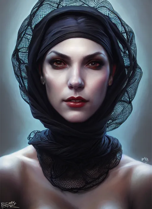 Image similar to a _ fantasy _ style _ portrait _ painting _ of widow black net bonnet, oil _ painting _ unreal _ 5 _ daz. _ rpg _ portrait _ extremely _ detailed _ artgerm _ greg _ rutkowski _ greg