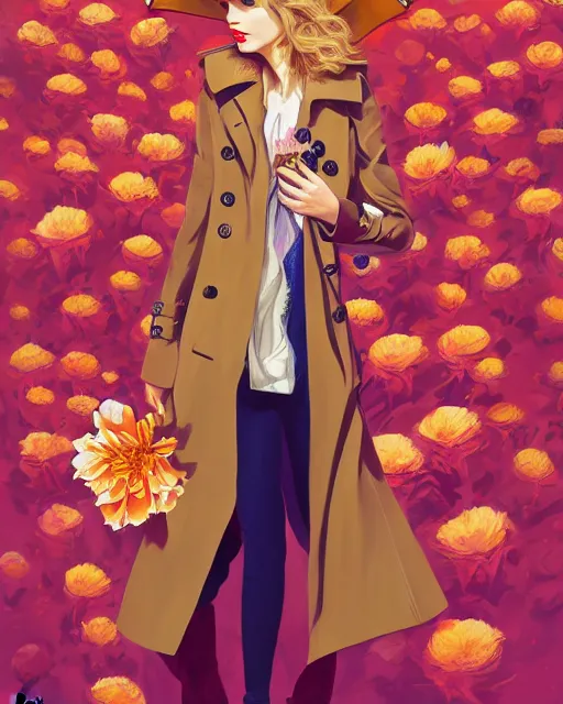 Prompt: taylor swift wearing fashionable trench coat, auburn flower storm, jesper ejsing, artgerm, petros afshar, tom whalen