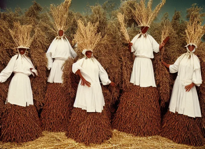 Prompt: realistic documentary photo of a group of people covered in brown dry branches trees and straw costumes with white cone heads in a crystal cloud village 1 9 9 0, life magazine reportage photo, neutral colors, neutral lighting