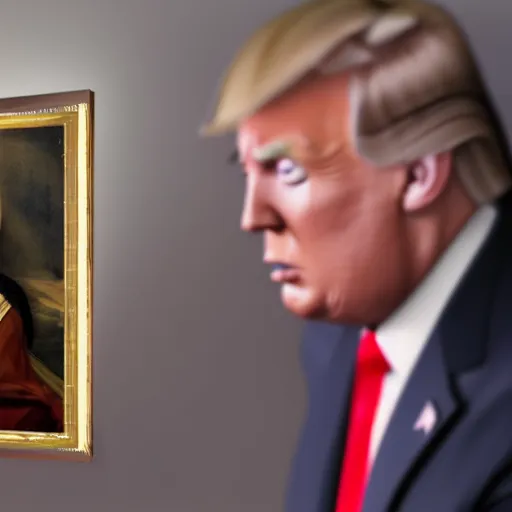 Image similar to Donald trump as Mina Lisa, realistic artstyle, wide shot, dramatic lighting, octane render, hyperrealistic, high quality, highly detailed, HD, beautiful, cinematic, 8k, unreal engine, facial accuracy, symmetrical