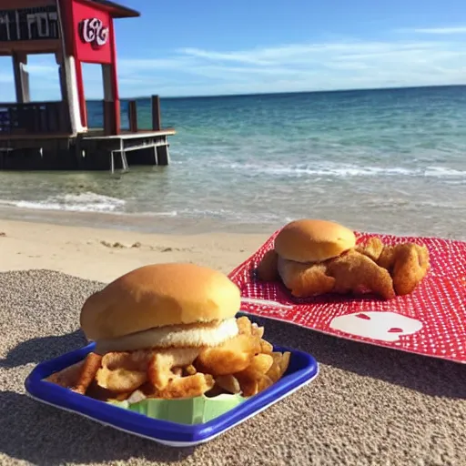 Prompt: eating chick-fil-a on the beach