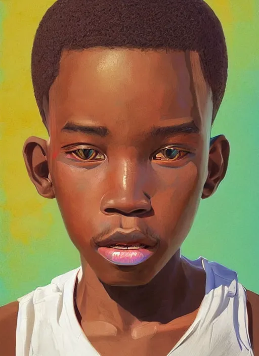 Image similar to colourful upper half portrait of an african boy with exaggerated facial features - art by aya takano & hsiao - ron cheng, highly detailed, caricature, digital painting, illustration, smooth, sharp focus, intricate, symmetry, pinterest, behance, artstation