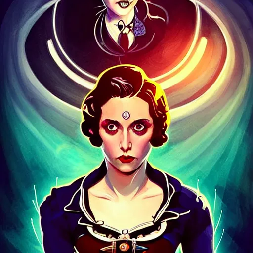 Prompt: beautiful stella maeve magician, black magic spells, in the style of joshua middleton, creepy pose, spooky, symmetrical face symmetrical eyes, vibrant cinematic lighting, detailed realistic eyes, insanely detailed and intricate elegant, aquapunk, titian, bioshock, underwater home