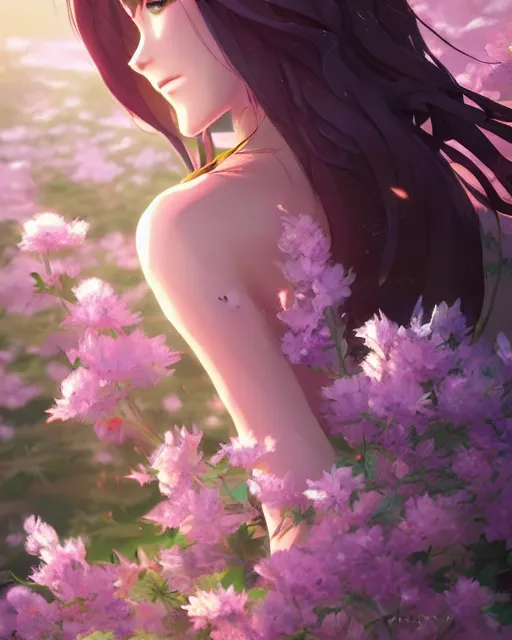 Image similar to goddess of flowers, full shot, perfectly shaded body, atmospheric lighting, detailed face, by makoto shinkai, stanley artgerm lau, wlop, rossdraws