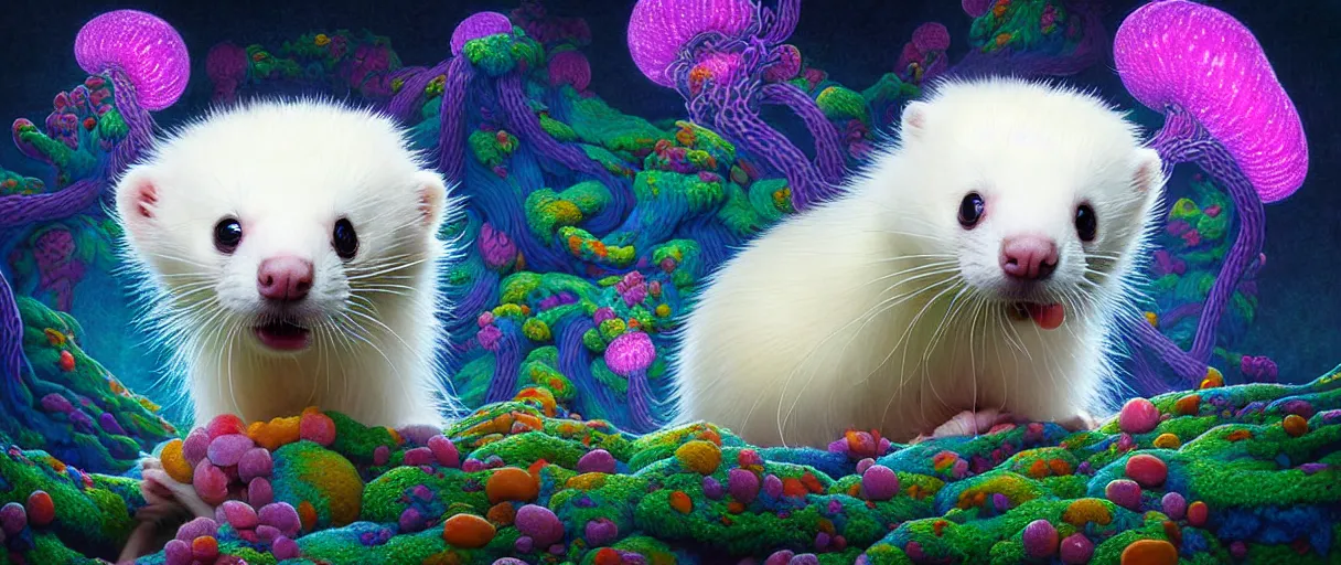 Prompt: hyper detailed 3d render like a Oil painting - kawaii portrait Aurora (playful white haired pet Ferret) seen Eating of the Strangling network of yellowcake aerochrome and milky Fruit and Her delicate Hands hold of gossamer polyp blossoms bring iridescent fungal flowers whose spores black the foolish stars by Jacek Yerka, Mariusz Lewandowski, Houdini algorithmic generative render, Abstract brush strokes, Masterpiece, Edward Hopper and James Gilleard, Zdzislaw Beksinski, Mark Ryden, Wolfgang Lettl, hints of Yayoi Kasuma, octane render, 8k