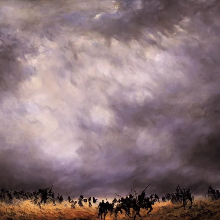 Image similar to medium shot, low-angle, painting of wild hunt in the sky, ghostly riders, dark clouds, rain, lightning, night, beautiful, dark academia aesthetic, magic vibes, soft lighting, by George Roux, by Monet, by oil on canvas, Royal Academy, masterpiece, trending on artstation, cinematic composition, dramatic pose, beautiful lighting, sharp, details, hyper-detailed, HD