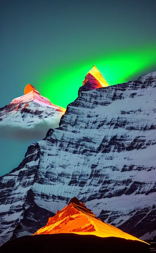 Prompt: a photo at nighttime of a powerful llumination of the matterhorn in the colors of indian flag, orange top, white middle, green base. projected illuminated on the matterhorn mountain at night