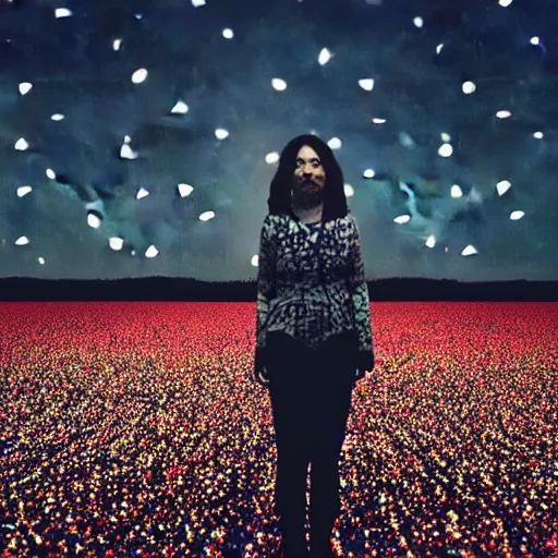 Image similar to a woman standing on steps in a field at night, a hologram by kusama, instagram, optical illusion, full body, ultra hd, neon