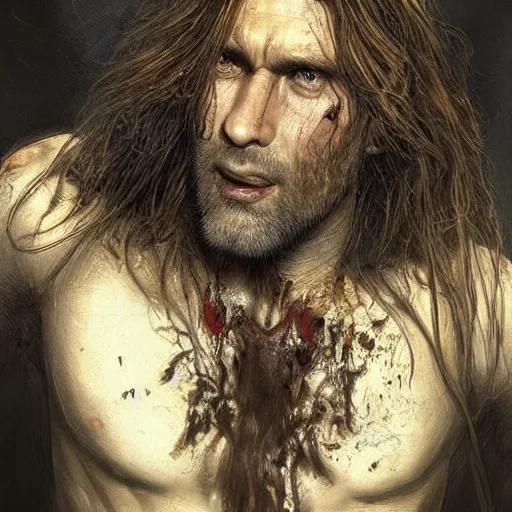 Prompt: UHD closeup of a Photorealistic long haired man with a giant gaping hole in his chest, heart exploding, with incredible amount of blood gushing out by Antonio Caparo and Ferdinand Knab and Greg Rutkowski, UHD, photorealistic, trending on artstation, trending on deviantart