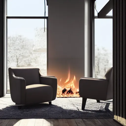 Image similar to two armchairs sitting in front of a cosy fireplace, modern home design interior, octane render, hyperrealistic, concrete archetecture, vray, volumetric lighting, cinema 4 d, unreal engine