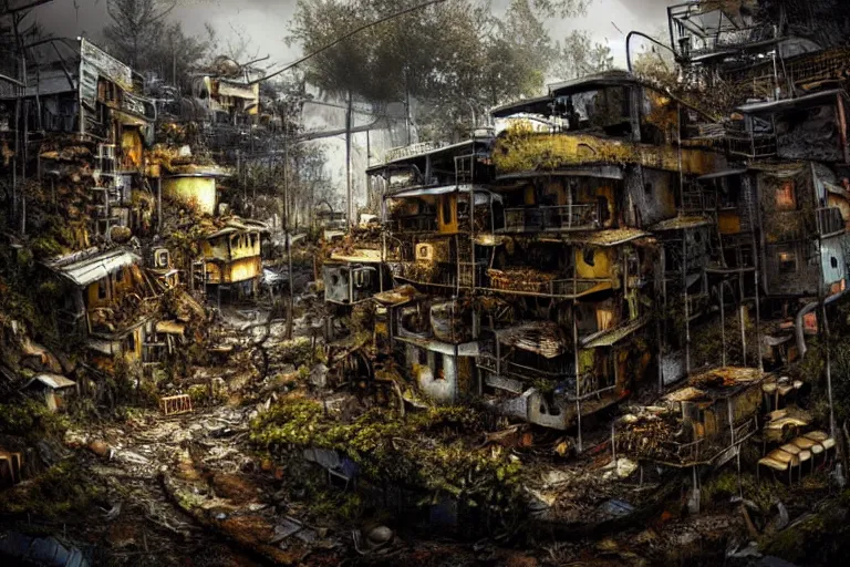 Image similar to favela fungus beehive, wooded environment, industrial factory, apocalyptic, award winning art, epic dreamlike fantasy landscape, ultra realistic,