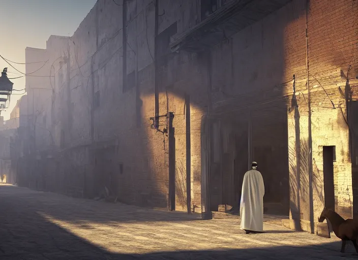 Image similar to old jeddah city alley, roshan, old shops, horse, magical glowing portal to another dimension, a man wearing a white robe standing watching over, dramatic lighting, dawn, by caspar david friedrich, unreal engine 5