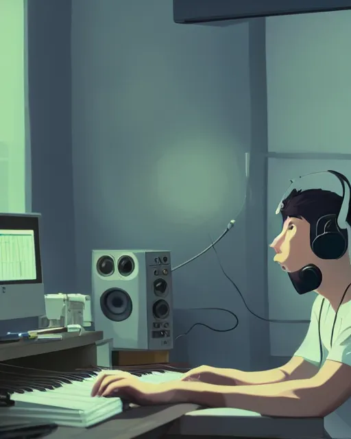 Image similar to man with headphones at his home studio producing music late at night, very detailed, 4 k, cory loftis, james gilleard, atey ghailan, makoto shinkai, goro fujita, studio ghibli, rim light, exquisite lighting, clear focus, very coherent