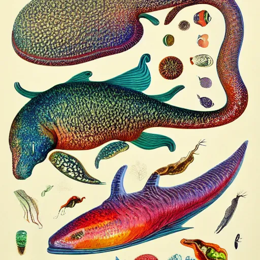 Prompt: multi-colour patterned illustration of various ocean organisms. lithographic. watercolor. wide shot view. by Ernst Haeckel.