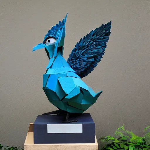 Image similar to abstract, sculpture articuno made of various materials from rainforest of face of artificial intellicgence