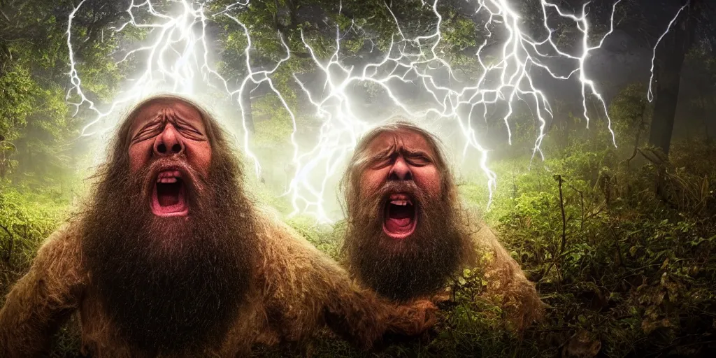 Image similar to a awardwinning wideangle colorchrome photo of a screaming old priest, long beard with 6 eyes, praying. in a forest surrounded by huge mushrooms, beautiful cinematic atmospheric lightning, style Steve McCurry, octane 8k render